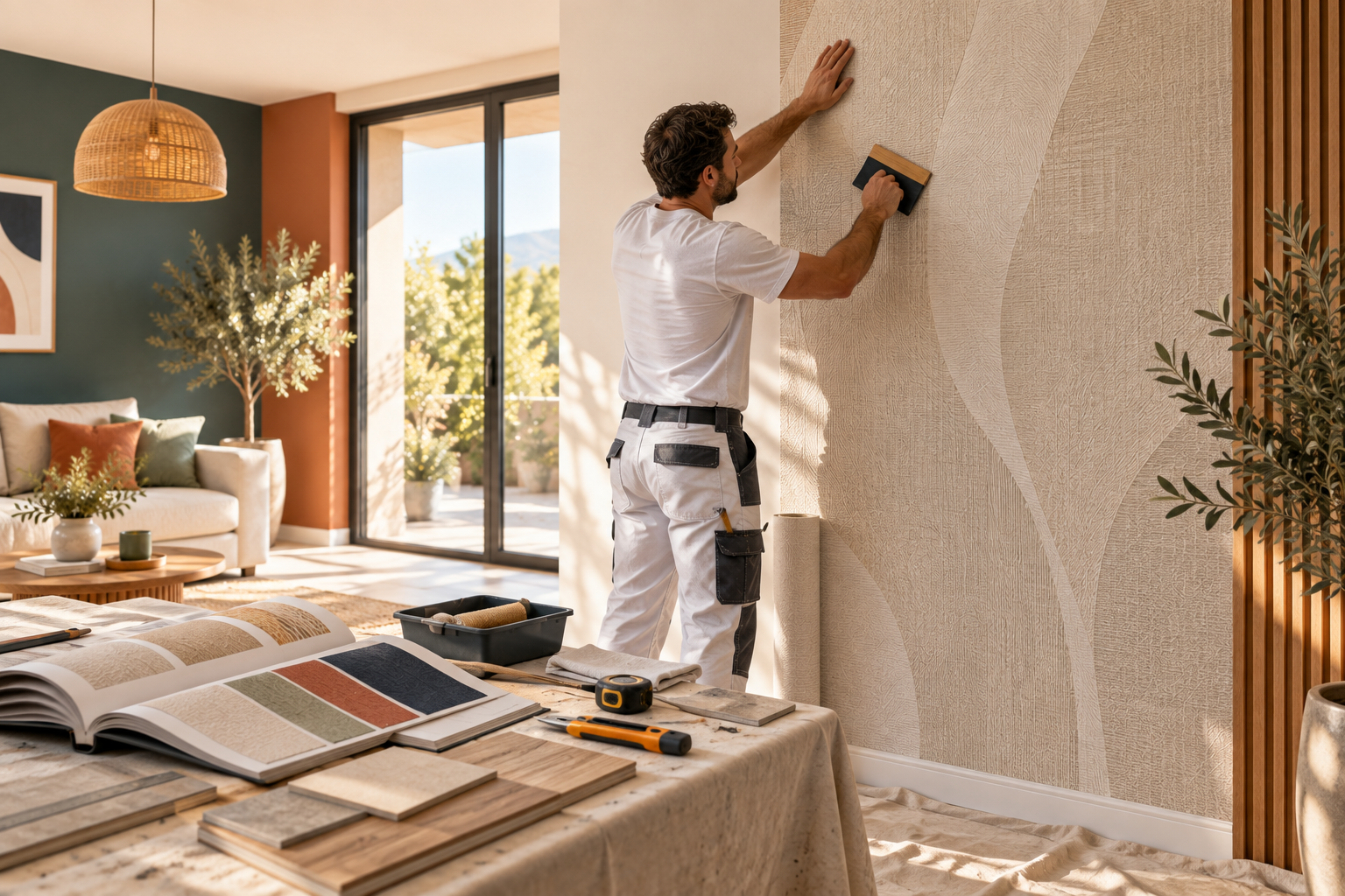 Artisan posant un revêtement mural dans un salon rénové