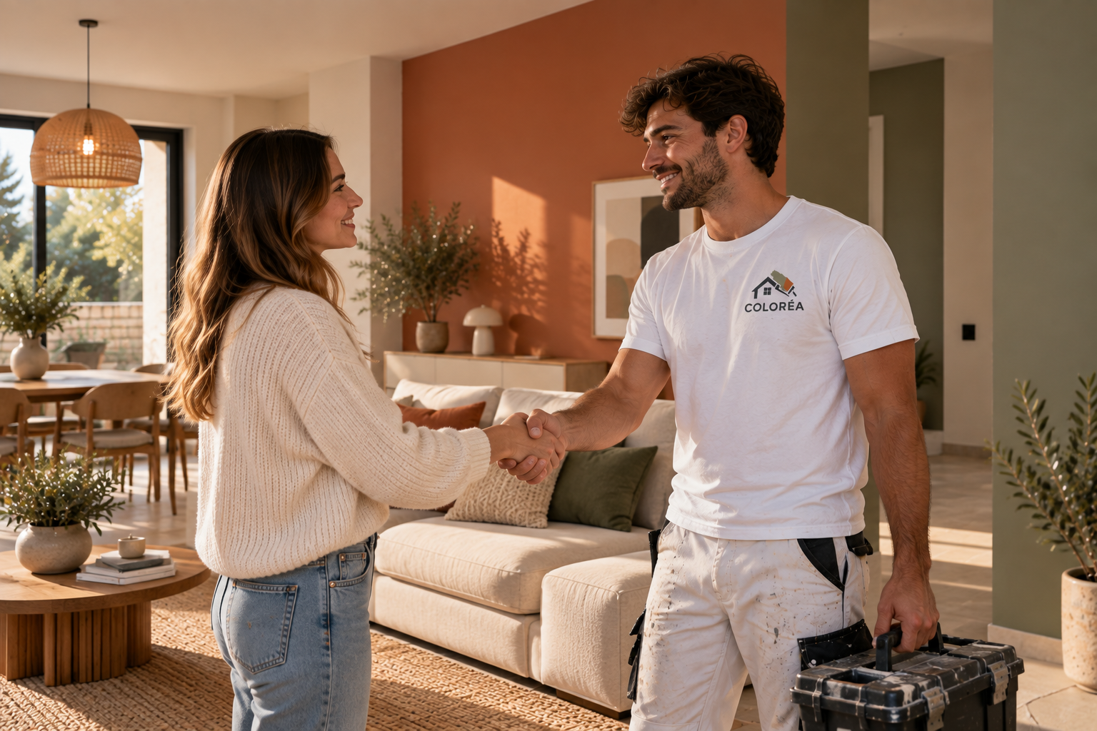 Cliente découvrant son salon après rénovation avec l’artisan Coloréa